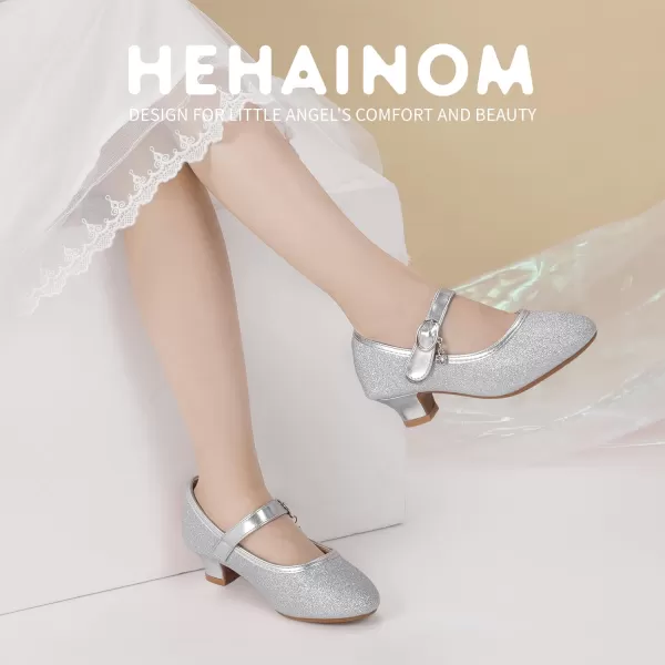 Hehainom Girls Dress Shoes Low Heels Flower Girl Mary Jane Princess School Wedding Party Toddler Little Kid Pump ShoesSilver Glitter