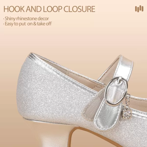 Hehainom Girls Dress Shoes Low Heels Flower Girl Mary Jane Princess School Wedding Party Toddler Little Kid Pump ShoesSilver Glitter