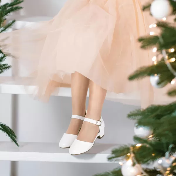 Hehainom Girls Dress Shoes Toddler Closed Toe Flower Girl Heels for Party Wedding Princess ShoesD White Pu