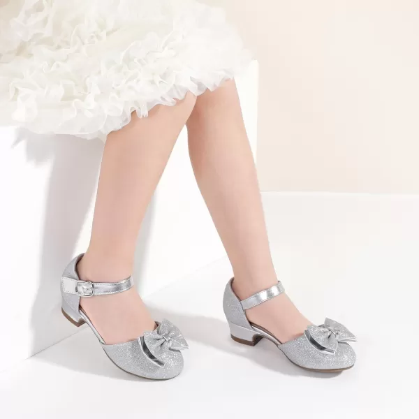 Hehainom Girls Dress Shoes Toddler Closed Toe Flower Girl Heels for Party Wedding Princess ShoesSilver Glitter