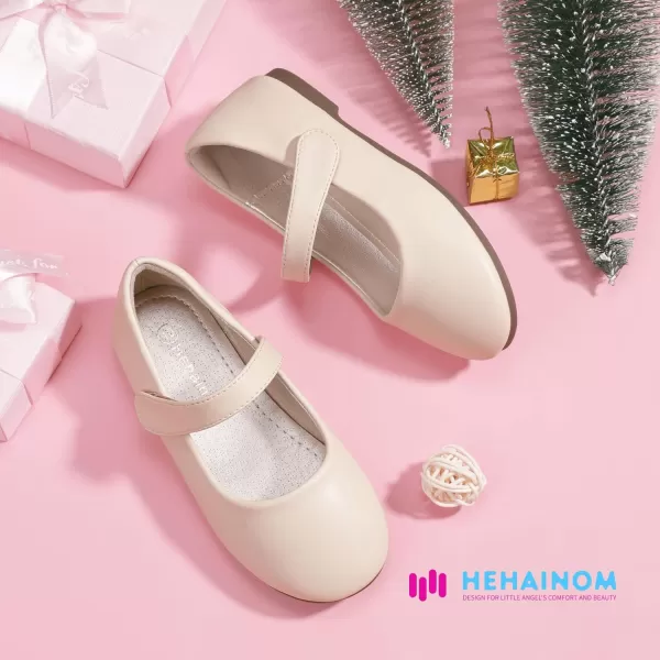Hehainom Toddler Girls Flats Mary Jane Flower Girl Dress Shoes School Wedding Party ShoesBeige Pu
