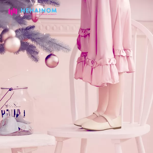 Hehainom Toddler Girls Flats Mary Jane Flower Girl Dress Shoes School Wedding Party ShoesBeige Pu