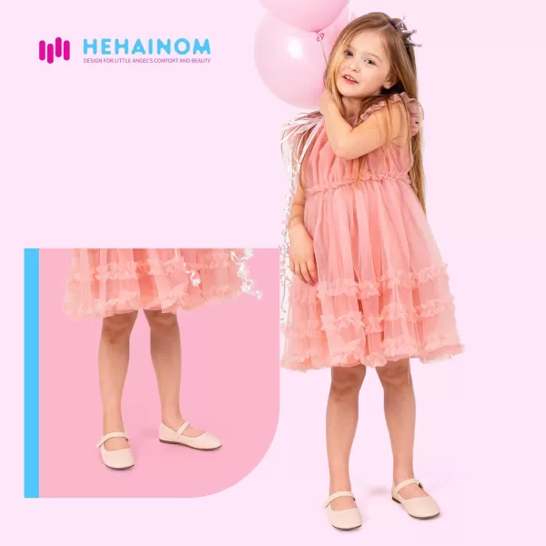 Hehainom Toddler Girls Flats Mary Jane Flower Girl Dress Shoes School Wedding Party ShoesBeige Pu