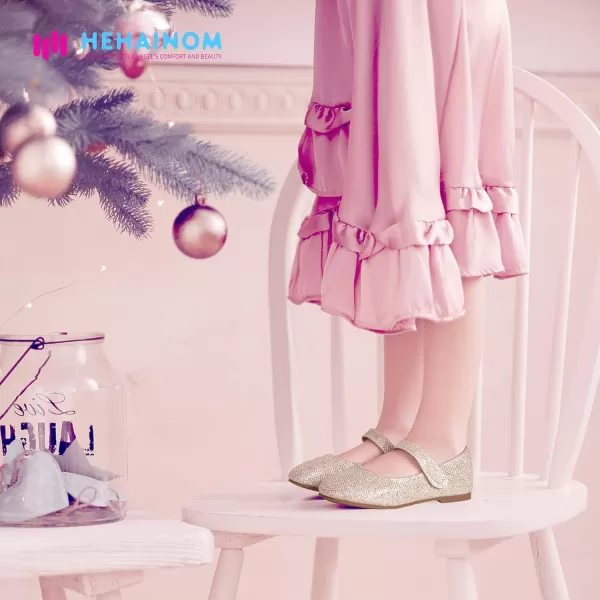 Hehainom Toddler Girls Flats Mary Jane Flower Girl Dress Shoes School Wedding Party ShoesGold Glitter