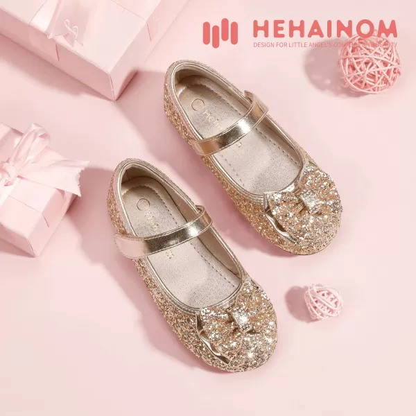 Hehainom Toddler Girls Flats Mary Jane Flower Girl Dress Shoes School Wedding Party ShoesGold Sequin
