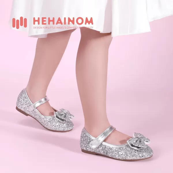 Hehainom Toddler Girls Flats Mary Jane Flower Girl Dress Shoes School Wedding Party ShoesSilver Sequin