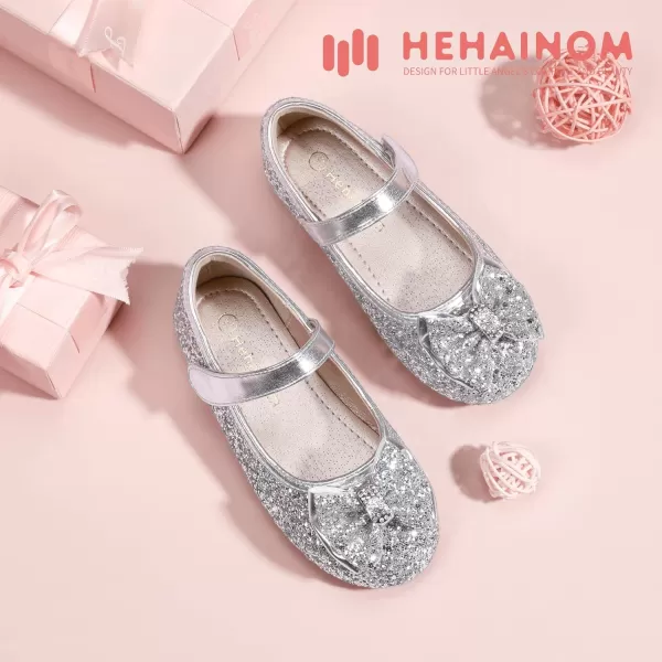 Hehainom Toddler Girls Flats Mary Jane Flower Girl Dress Shoes School Wedding Party ShoesSilver Sequin