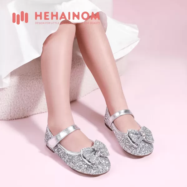 Hehainom Toddler Girls Flats Mary Jane Flower Girl Dress Shoes School Wedding Party ShoesSilver Sequin