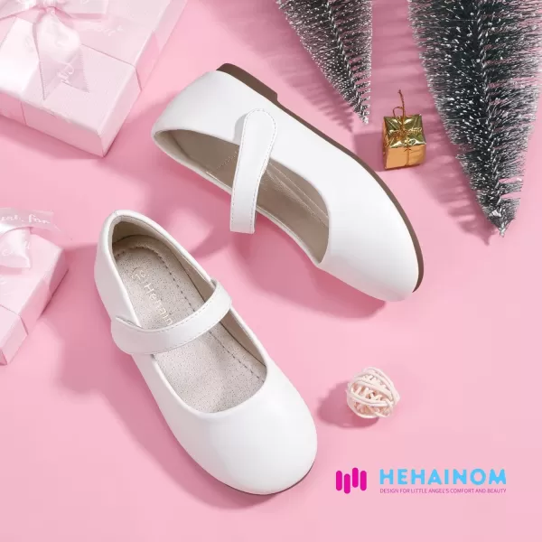 Hehainom Toddler Girls Flats Mary Jane Flower Girl Dress Shoes School Wedding Party ShoesWhite Pu