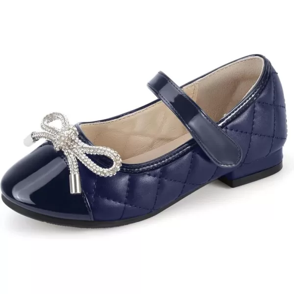 Hehainom Girls Dress Shoes Flower Girl Wedding Party School Little Big Kids Rhinestone Bow Ballet Flats ShoesNavy