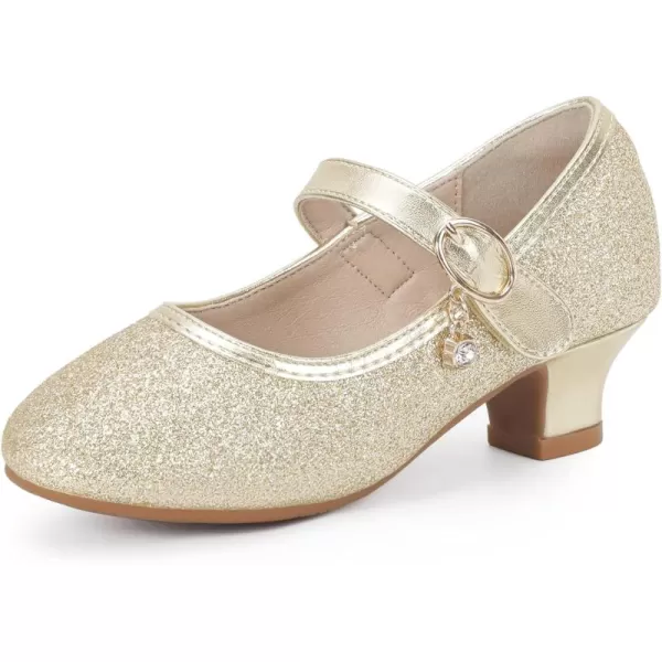 Hehainom Girls Dress Shoes Low Heels Flower Girl Mary Jane Princess School Wedding Party Toddler Little Kid Pump ShoesGold Glitter