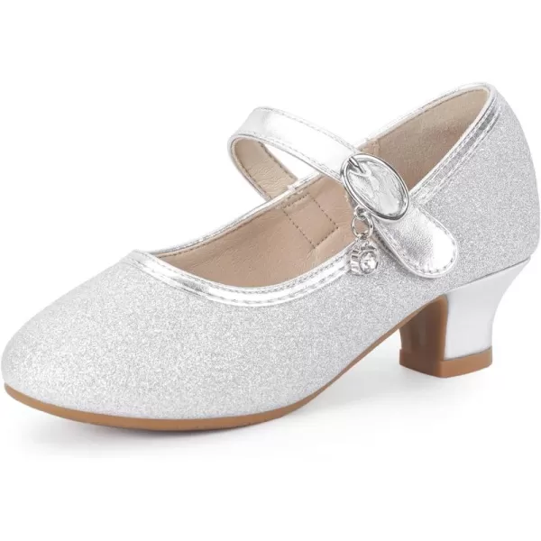 Hehainom Girls Dress Shoes Low Heels Flower Girl Mary Jane Princess School Wedding Party Toddler Little Kid Pump ShoesSilver Glitter