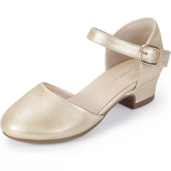 Hehainom Girls Dress Shoes Toddler Closed Toe Flower Girl Heels for Party Wedding Princess ShoesD Gold Pu