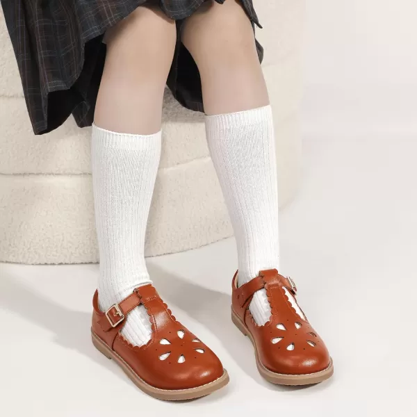 Hehainom Girls Mary Jane Shoes TStrap Dress Ballet Flats Toddler Girls Wedding Party Uniform School ShoesA Brown Pu
