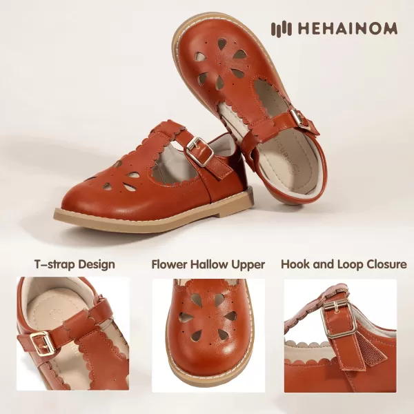 Hehainom Girls Mary Jane Shoes TStrap Dress Ballet Flats Toddler Girls Wedding Party Uniform School ShoesA Brown Pu