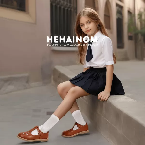 Hehainom Girls Mary Jane Shoes TStrap Dress Ballet Flats Toddler Girls Wedding Party Uniform School ShoesA Brown Pu
