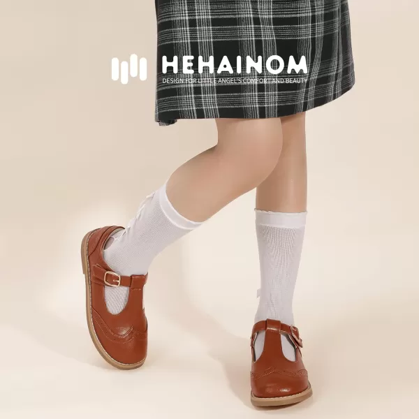 Hehainom Girls Mary Jane Shoes TStrap Dress Ballet Flats Toddler Girls Wedding Party Uniform School ShoesM Brown Pu