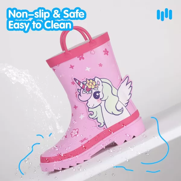 Hehainom Toddler Kids Rain Boots for Boys Girls Waterproof Easyon Handles RainbootsPink Unicorn