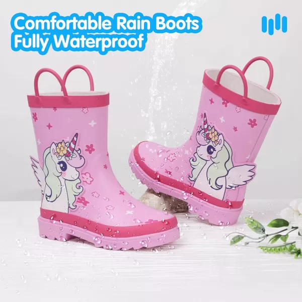 Hehainom Toddler Kids Rain Boots for Boys Girls Waterproof Easyon Handles RainbootsPink Unicorn
