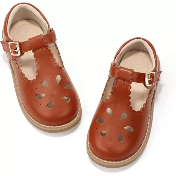Hehainom Girls Mary Jane Shoes TStrap Dress Ballet Flats Toddler Girls Wedding Party Uniform School ShoesA Brown Pu