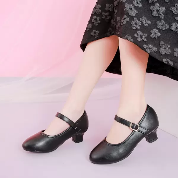 Dufannie Girls Dress Shoes Low Heel Princess Flats Mary Jane Flower Wedding Party Glitter Shoes for Kids ToddlerClassic Pu Black