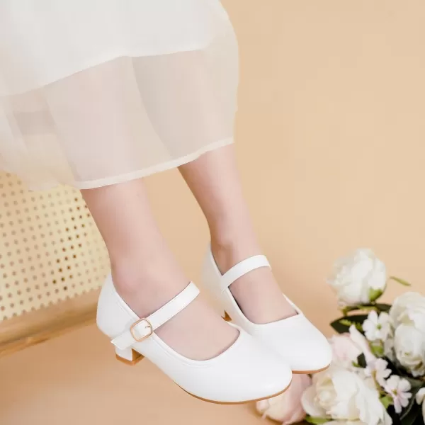 Dufannie Girls Dress Shoes Low Heel Princess Flats Mary Jane Flower Wedding Party Glitter Shoes for Kids ToddlerClassic Pu White