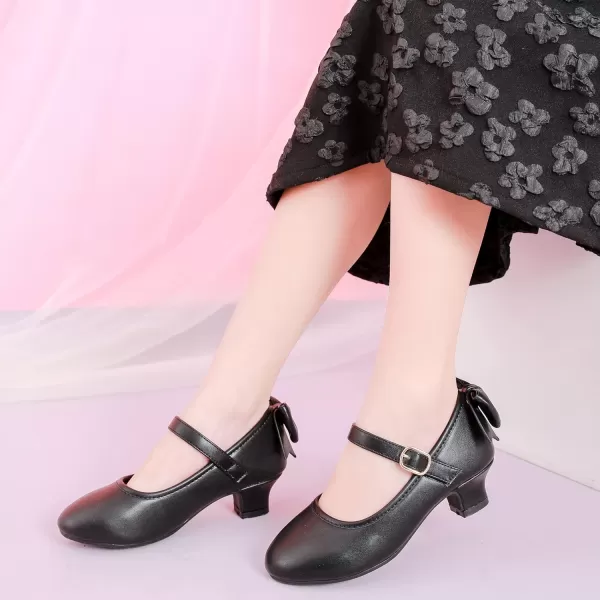 Dufannie Girls Dress Shoes Low Heel Princess Flats Mary Jane Flower Wedding Party Glitter Shoes for Kids ToddlerElegant Pu Black