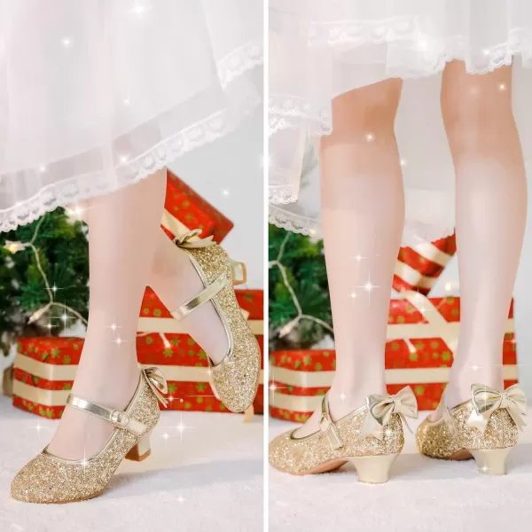 Dufannie Girls Dress Shoes Low Heel Princess Flats Mary Jane Flower Wedding Party Glitter Shoes for Kids ToddlerElegant Sequin Gold