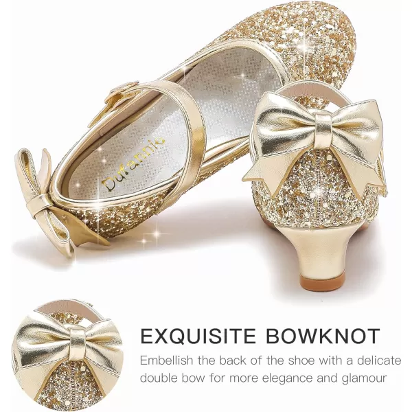 Dufannie Girls Dress Shoes Low Heel Princess Flats Mary Jane Flower Wedding Party Glitter Shoes for Kids ToddlerElegant Sequin Gold