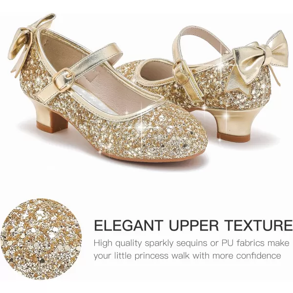 Dufannie Girls Dress Shoes Low Heel Princess Flats Mary Jane Flower Wedding Party Glitter Shoes for Kids ToddlerElegant Sequin Gold