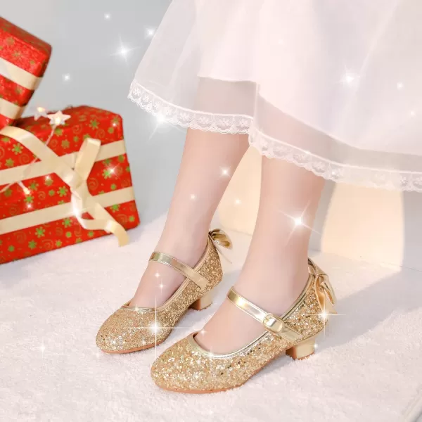 Dufannie Girls Dress Shoes Low Heel Princess Flats Mary Jane Flower Wedding Party Glitter Shoes for Kids ToddlerElegant Sequin Gold