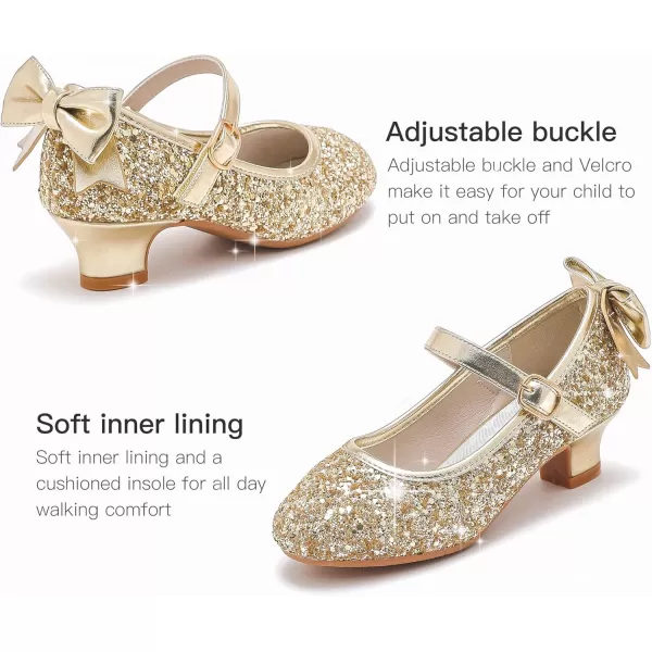 Dufannie Girls Dress Shoes Low Heel Princess Flats Mary Jane Flower Wedding Party Glitter Shoes for Kids ToddlerElegant Sequin Gold
