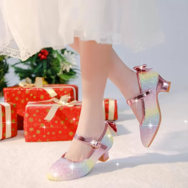 Dufannie Girls Dress Shoes Low Heel Princess Flats Mary Jane Flower Wedding Party Glitter Shoes for Kids ToddlerElegant Sequin Rainbow