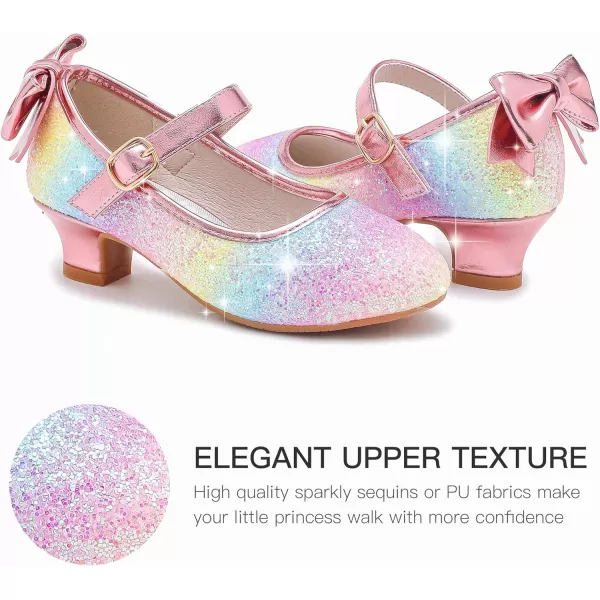 Dufannie Girls Dress Shoes Low Heel Princess Flats Mary Jane Flower Wedding Party Glitter Shoes for Kids ToddlerElegant Sequin Rainbow