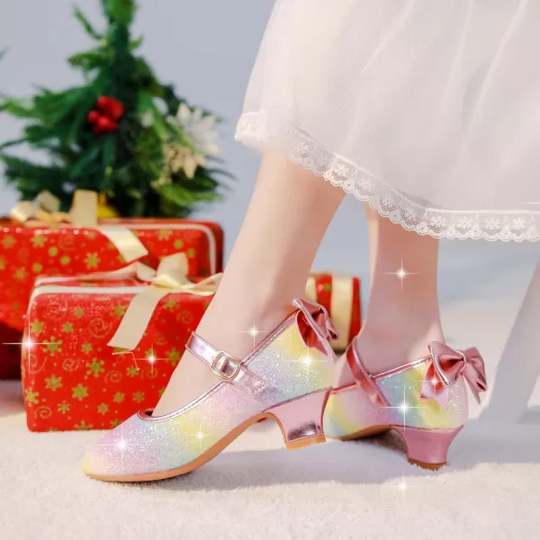 Dufannie Girls Dress Shoes Low Heel Princess Flats Mary Jane Flower Wedding Party Glitter Shoes for Kids ToddlerElegant Sequin Rainbow