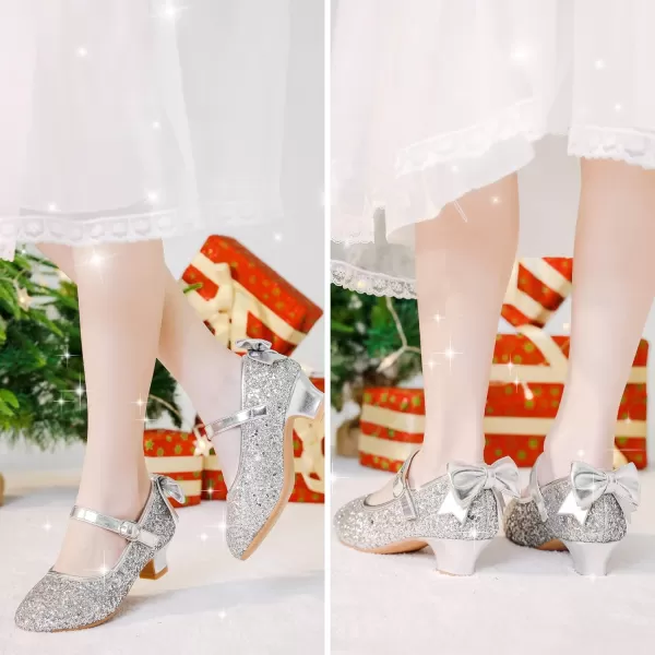 Dufannie Girls Dress Shoes Low Heel Princess Flats Mary Jane Flower Wedding Party Glitter Shoes for Kids ToddlerElegant Sequin Silver