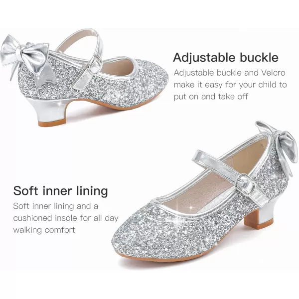 Dufannie Girls Dress Shoes Low Heel Princess Flats Mary Jane Flower Wedding Party Glitter Shoes for Kids ToddlerElegant Sequin Silver