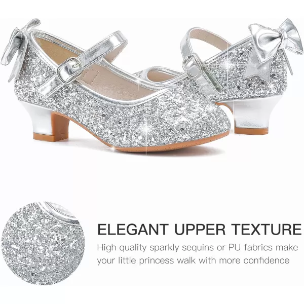 Dufannie Girls Dress Shoes Low Heel Princess Flats Mary Jane Flower Wedding Party Glitter Shoes for Kids ToddlerElegant Sequin Silver
