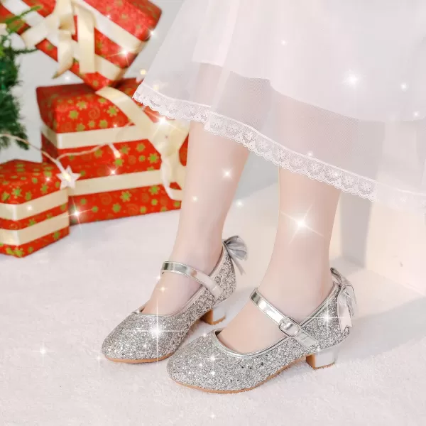 Dufannie Girls Dress Shoes Low Heel Princess Flats Mary Jane Flower Wedding Party Glitter Shoes for Kids ToddlerElegant Sequin Silver