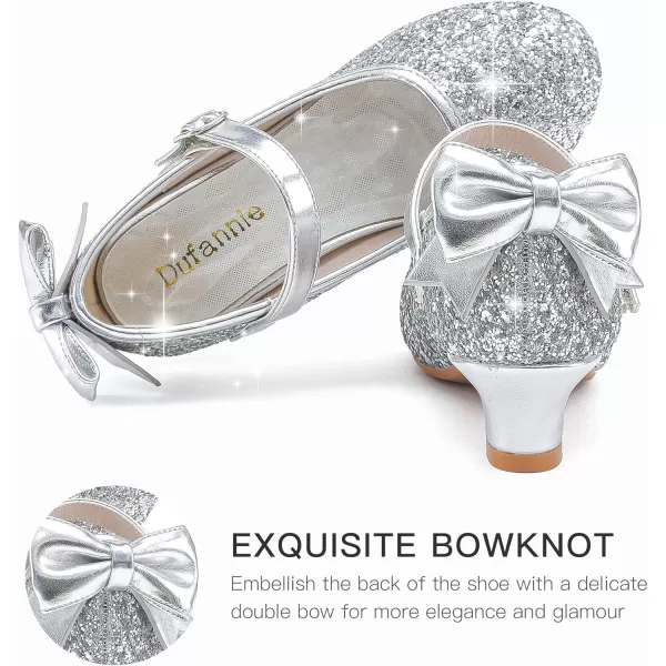 Dufannie Girls Dress Shoes Low Heel Princess Flats Mary Jane Flower Wedding Party Glitter Shoes for Kids ToddlerElegant Sequin Silver