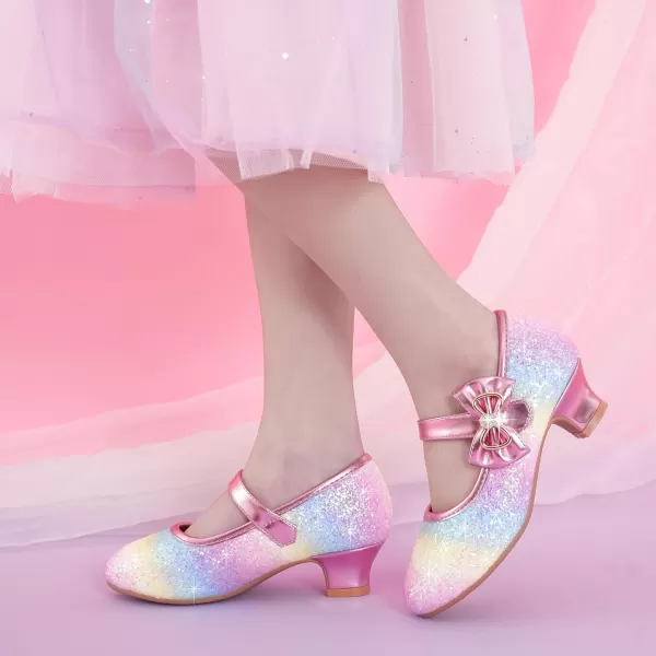 Dufannie Girls Dress Shoes Low Heel Princess Flats Mary Jane Flower Wedding Party Glitter Shoes for Kids ToddlerGenerous Sequin Rainbow