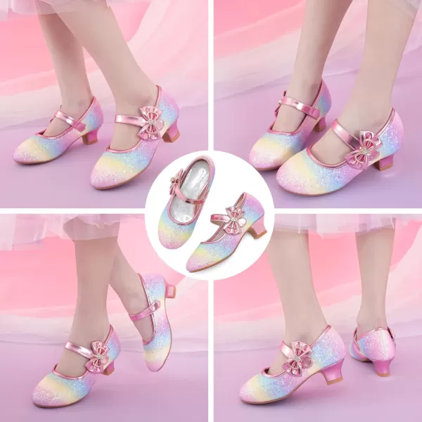 Dufannie Girls Dress Shoes Low Heel Princess Flats Mary Jane Flower Wedding Party Glitter Shoes for Kids ToddlerGenerous Sequin Rainbow