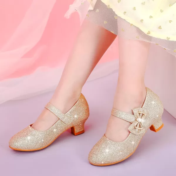 Dufannie Girls Dress Shoes Low Heel Princess Flats Mary Jane Flower Wedding Party Glitter Shoes for Kids ToddlerGenerous Shimmer Gold