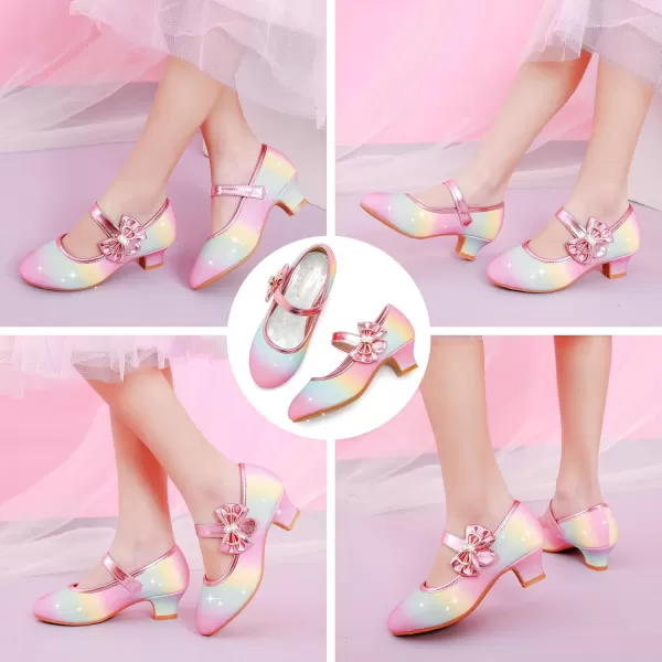 Dufannie Girls Dress Shoes Low Heel Princess Flats Mary Jane Flower Wedding Party Glitter Shoes for Kids ToddlerGenerous Shimmer Rainbow