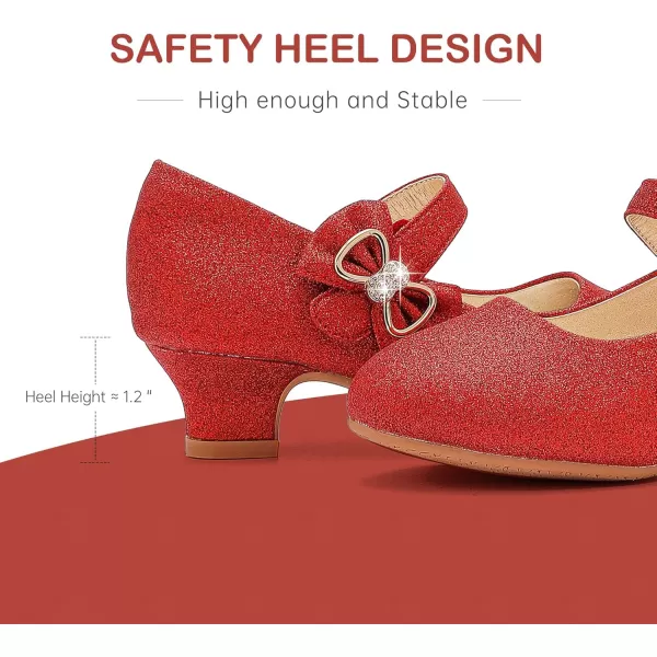 Dufannie Girls Dress Shoes Low Heel Princess Flats Mary Jane Flower Wedding Party Glitter Shoes for Kids ToddlerGenerous Shimmer Red