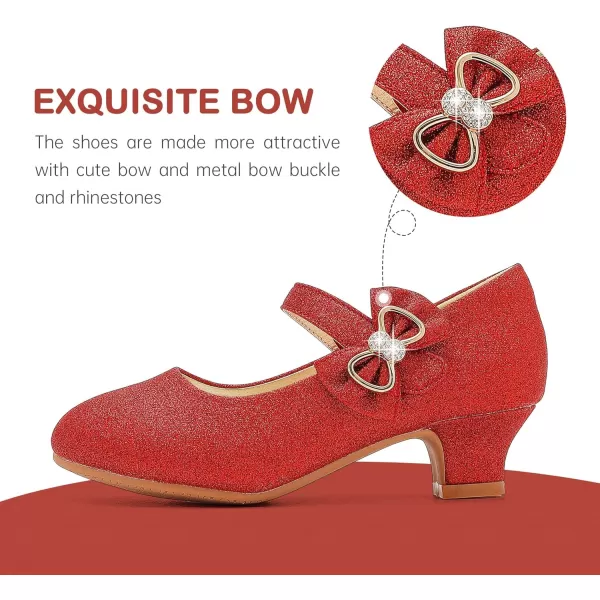 Dufannie Girls Dress Shoes Low Heel Princess Flats Mary Jane Flower Wedding Party Glitter Shoes for Kids ToddlerGenerous Shimmer Red