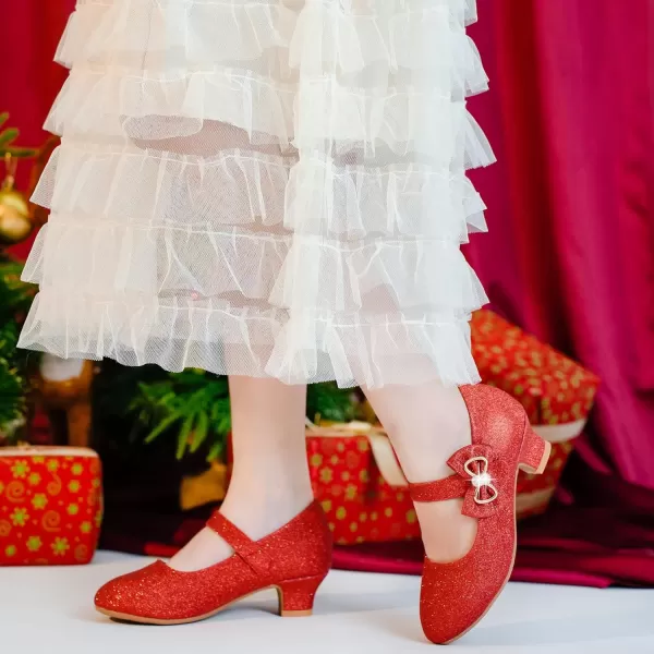 Dufannie Girls Dress Shoes Low Heel Princess Flats Mary Jane Flower Wedding Party Glitter Shoes for Kids ToddlerGenerous Shimmer Red