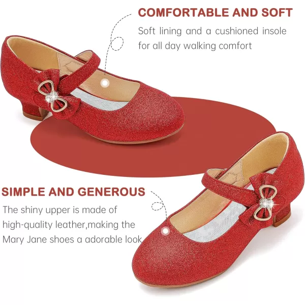 Dufannie Girls Dress Shoes Low Heel Princess Flats Mary Jane Flower Wedding Party Glitter Shoes for Kids ToddlerGenerous Shimmer Red