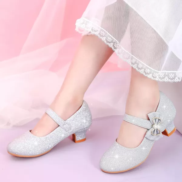 Dufannie Girls Dress Shoes Low Heel Princess Flats Mary Jane Flower Wedding Party Glitter Shoes for Kids ToddlerGenerous Shimmer Silver