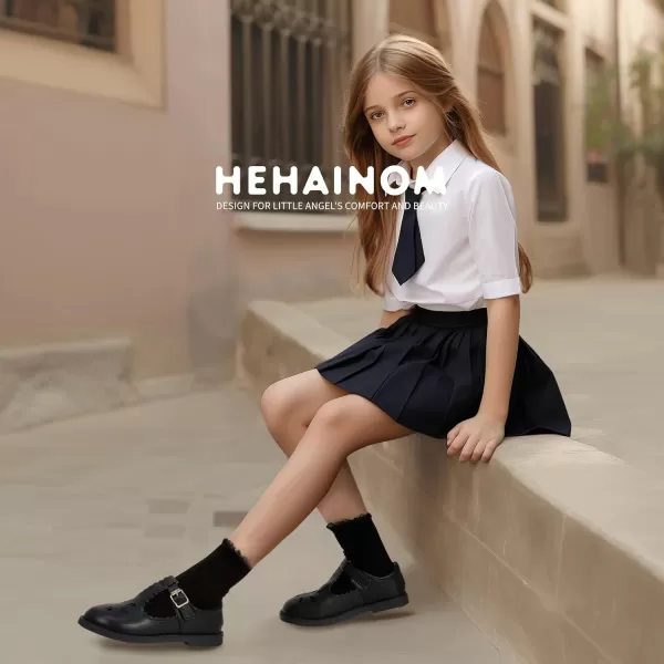 Hehainom Girls Mary Jane Shoes TStrap Dress Ballet Flats Toddler Girls Wedding Party Uniform School ShoesA Black Pu